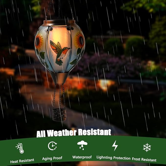 Hot Air Balloon Solar Lantern - Simulated Flickering Flame Hummingbird Glass Lantern, Outdoor Hanging Sunflower Yard Light Waterproof IP65 & Weather Resistant for Garden Patio Lawn Porch Decor Gfit