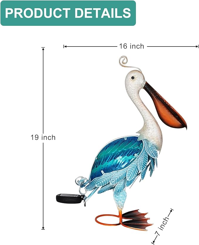 HONGLAND Solar Metal Pelican Statues Garden Sculpture & Statues, 19 Inch Glass Outdoor Pelican Yard Art Coastal Ocean Bird Decor Lawn Ornament for Backyard Porch Patio Decor(Blue)