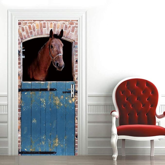 Horse 3D Door Stickers Murals - Peel & Stick - Waterproof & Washable - Matt Finish - Rustic Brown - Animal Pattern - Rectangular - All Seasons - Adults - Door & Wall - 37.4" x 78.7" - 2 Pieces