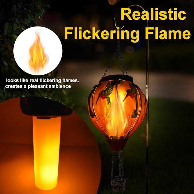 Hot Air Balloon Solar Lantern with Flickering Flame Hanging Solar Lanterns Outdoor Lights Waterproof Lanterns Decorative Garden Patio Yard Party Decor Hummingbirds&Pink Flowers