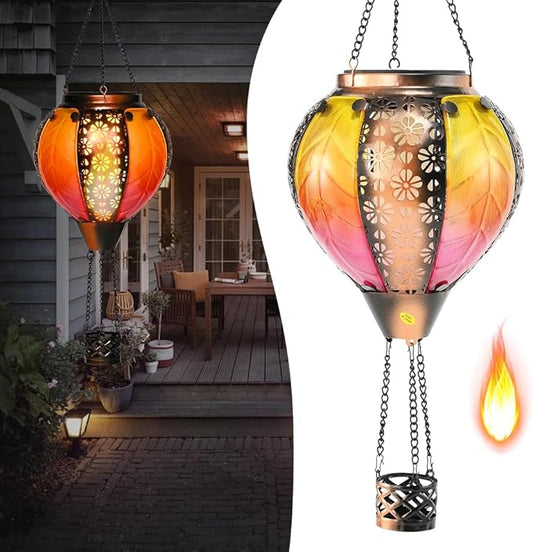 Hot Air Balloon Solar Lantern - Stained Glass Lantern with Simulated Flickering Flame, Outdoor Hanging Yard Light Waterproof IP65 & Weather Resistant for Garden Patio Lawn Porch Decor Gfit