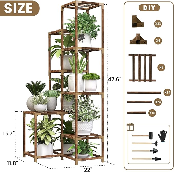 HOMKIRT Tall Corner Plant Stand with Grow Lights, Plant Shelf Indoor for Multiple Plants, Wood Plant Ladder Rack Holder Display Flower Stand for Living Room Balcony