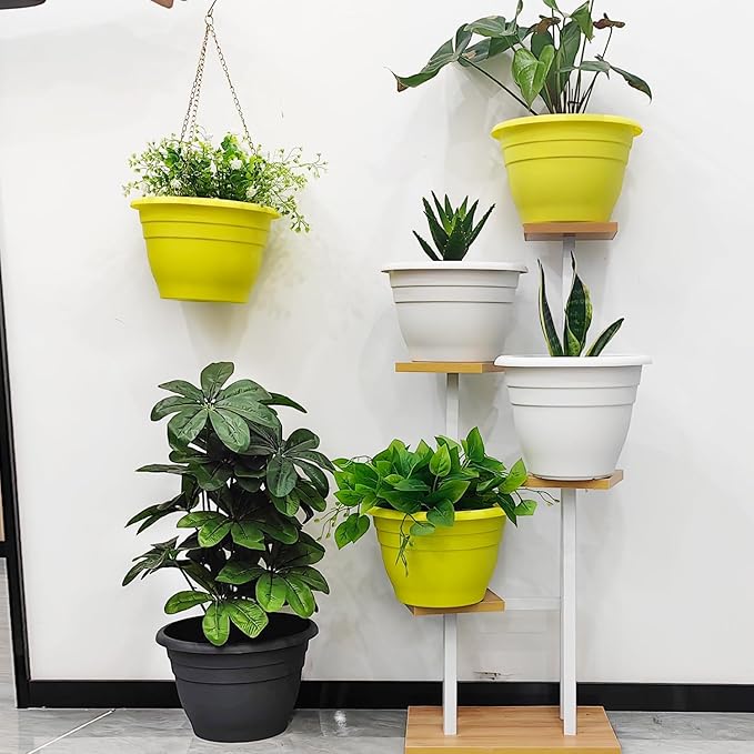 10" Planter Pot for Indoor Plants 5 Pack Plant Pots with Drainage Hole and Rubber Plug, Durable Lightweight Flower Pots Perfect for Home Decor, Yellow