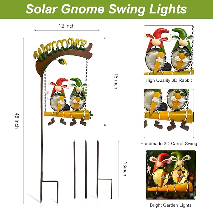HONGLAND Solar Lights Outdoor Decor, Rabbit Swing Garden Decor, Funny Gardening Gifts for Women Mom, Gnomes Outdoor Decorations with Welcome Sign for Front Porch Patio