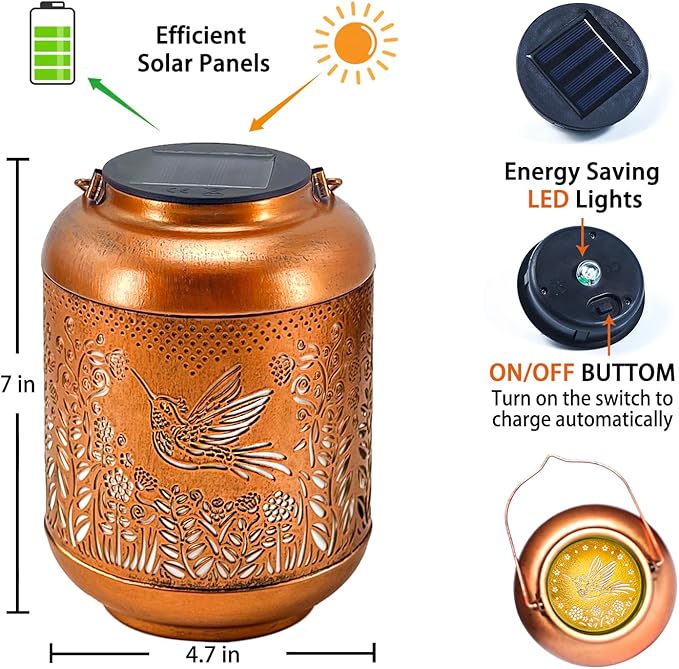 Hummingbird Solar Lanterns Outdoor Waterproof Hanging Solar Lights Hummingbird Gifts for Women Men Metal Bird Decorative LED Lanterns for Yard, Patio, Lawn, Tabletop, Pathway, Landscape, Garden Decor