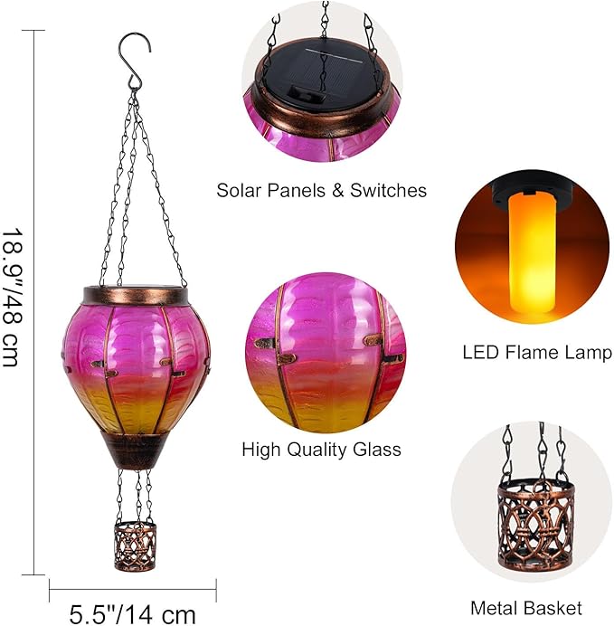 Hot Air Balloon Solar Lantern with Flickering Flame Light Outdoor Solar Hanging Lights Waterproof for Garden Yard Farmhouse Patio Pathway Outside Decoration, Pink&Orange