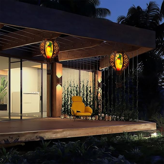 Hot Air Balloon Solar Lantern Hummingbird Lights, Flickering Flame Solar Hanging Lights for Outside,Waterproof for Garden Yard Patio Porch Decoration(Hummingbird)