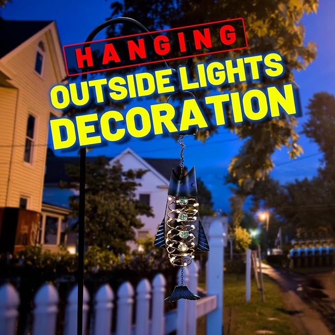 HONGLAND 2 Pack Solar Lantern Outdoor - Metal Fish Hanging Decoration - Waterproof Warm LED Lights Outside - Unique Gifts for Garden Man Women Holiday Days, Birthdays, Attractive Addition to Yard Art