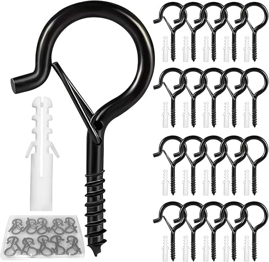 Hooks for Outdoor String Lights, 20 Pack Cup Screw Hooks for Hanging Plants Fairy Led Party Christmas Lights Garage Wind Chimes Black Q Hanger with Safety Buckle Design Easy to Release