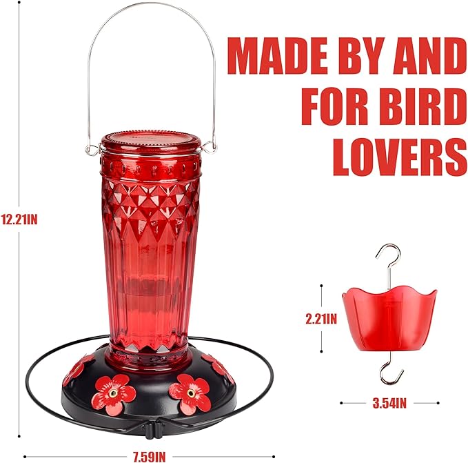 Hummingbird Feeder-16 Ounces,6 Feeding Ports Glass Hummingbird feeders for Outdoors,Wide Mouth for Easy Filling/Cleaning,Hanging for Garden Backyard Decor, Includes Ant Moat (Red)