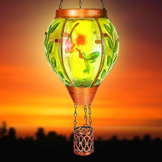 Hummingbird Solar Hot Air Balloon Lantern,Outdoor Decor with Flame Lights Waterproof, Hanging Lights for Garden Yard Lawn Patio, Unique Gifts for Women Mom Grandma Gardener for Mother'Day