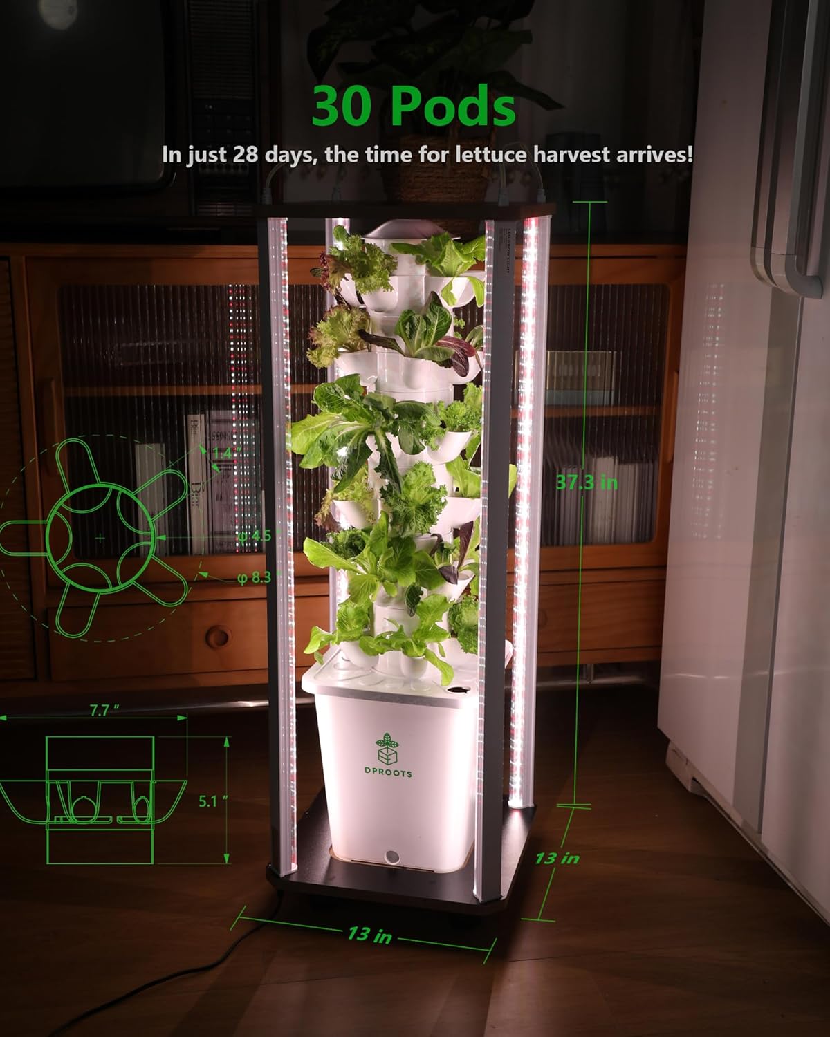 Hydroponic Tower Growing System Kits,30 Pods Vertical Indoor Garden,360° Full-Spectrum Lighs, Automatic Water Circulation System,Suitable for Leafy Greens and Herbs