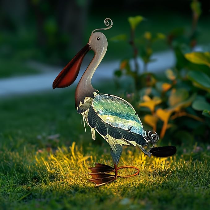 HONGLAND Solar Metal Pelican Statues Garden Sculpture & Statues, 19 Inch Glass Outdoor Pelican Yard Art Coastal Ocean Bird Decor Lawn Ornament for Backyard Porch Patio Decor(Blue)