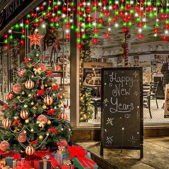 Hezbjiti Christmas Lights Outdoor Decorations,LED Christmas Lights 8 Modes 75 Drops Fairy String Curtain Lights for Christmas Decor Eaves Window Party Yard Garden (Red Green Cold, 1600LED 164FT)