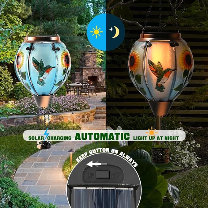 Hot Air Balloon Solar Lantern - Simulated Flickering Flame Hummingbird Glass Lantern, Outdoor Hanging Sunflower Yard Light Waterproof IP65 & Weather Resistant for Garden Patio Lawn Porch Decor Gfit