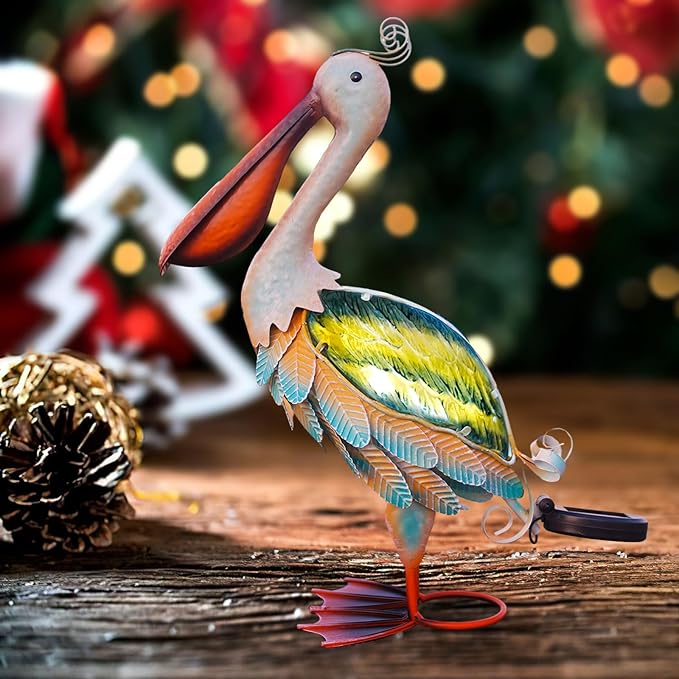 HONGLAND Solar Metal Pelican Statues Garden Sculpture & Statues, Glass Outdoor Pelican Yard Art Coastal Ocean Bird Decor Lawn Ornament for Backyard Porch Patio Decor(19 Inch)