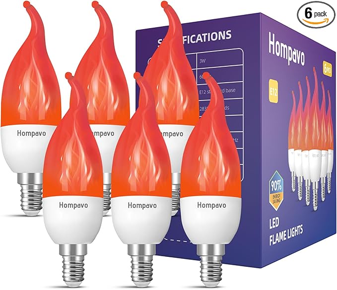 Hompavo 【Upgraded LED Flame Light Bulbs, 3 Modes Flickering Light Bulbs, E12 Chandelier Base Candle Fire Light Bulb for Halloween Christmas Party Porch Indoor & Outdoor Home Decoration, Red 6 Pack