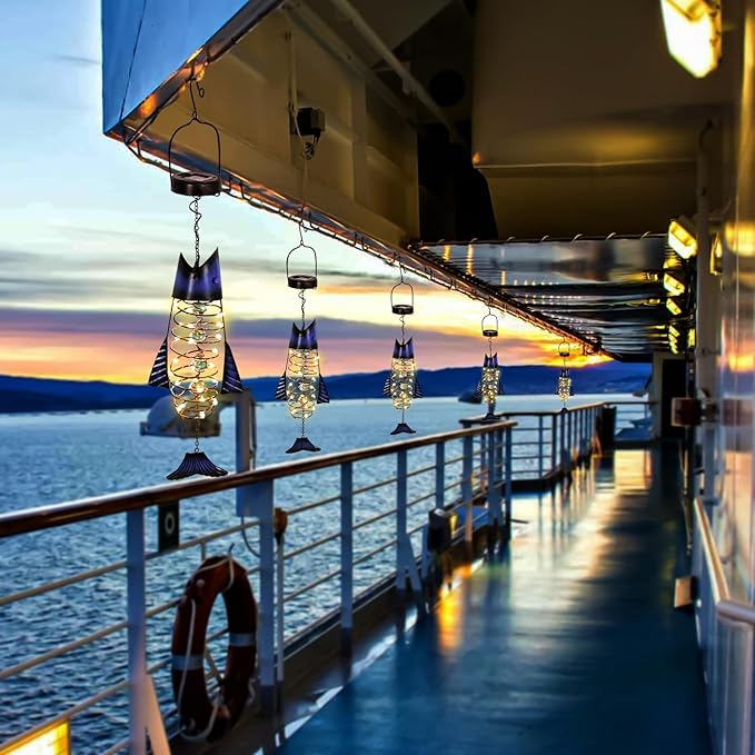 HONGLAND 2 Pack Solar Lantern Outdoor - Metal Fish Hanging Decoration - Waterproof Warm LED Lights Outside - Unique Gifts for Garden Man Women Holiday Days, Birthdays, Attractive Addition to Yard Art