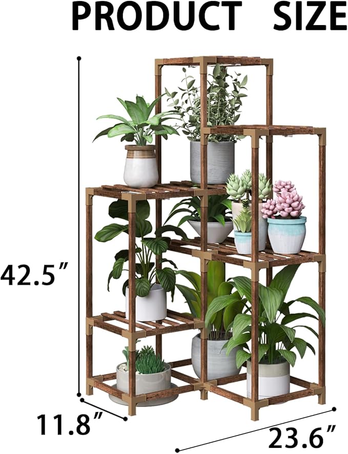 HOMKIRT Corner Plant Stand with Grow Lights, Plant Shelf Indoor for Multiple Plants, Wood Plant Rack Holder Flower Stand for Patio Porch