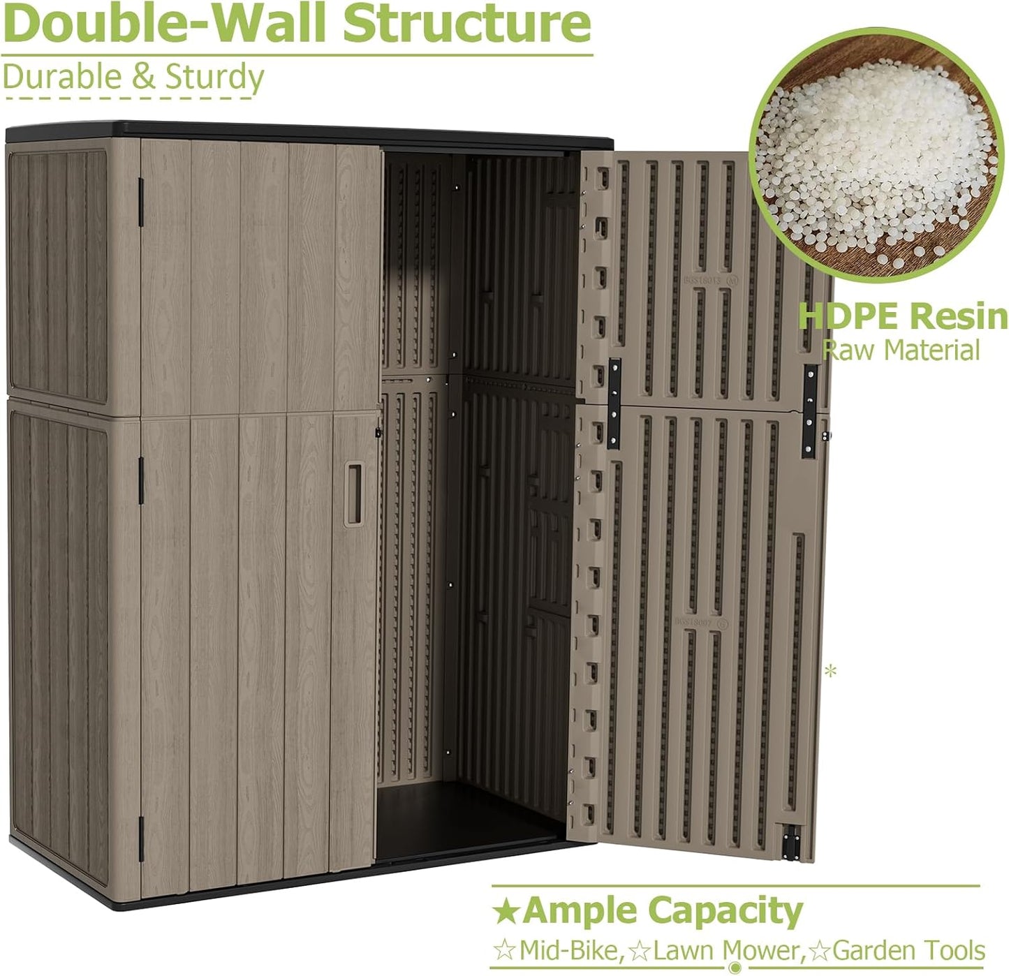 HOMSPARK 47 Cu.Ft Outdoor Storage Shed Weather Resistant, Multi Functional | Double-Wall Resin Storage Sheds & Outdoor Storage Box Waterproof for Backyard Garden Patio Lawn (Brown)