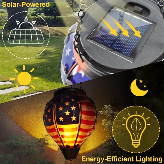 Hot Air Balloon Solar Lantern with Flickering Flame, Glass Hanging Garden Lights Outdoor Waterproof for Tree Yard Patio Mother's Day Gift, 18" H Flag