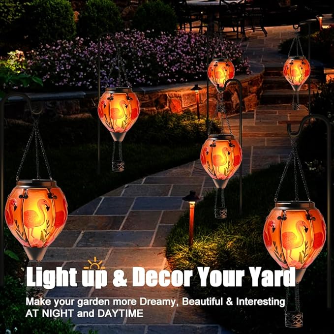 Hot Air Balloon Solar Lantern - Flamingo Bird Stained Glass Lantern with Simulated Flickering Flame, Outdoor Hanging Yard Light Waterproof IP65 & Weather Resistant for Patio Lawn Porch Decor Gfit
