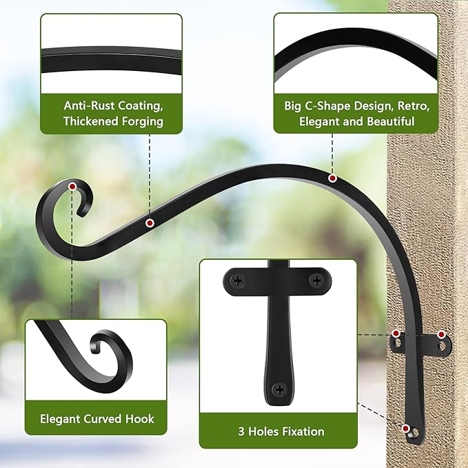 HOOPLE Plant Hangers Outdoor Heavy Duty 4 Pack, Cast Iron Bird Feeder Hanger, Metal Black Plant Brackets Hook for Hanging Flower Baskets, Elegant Design, Large Bearing Capacity