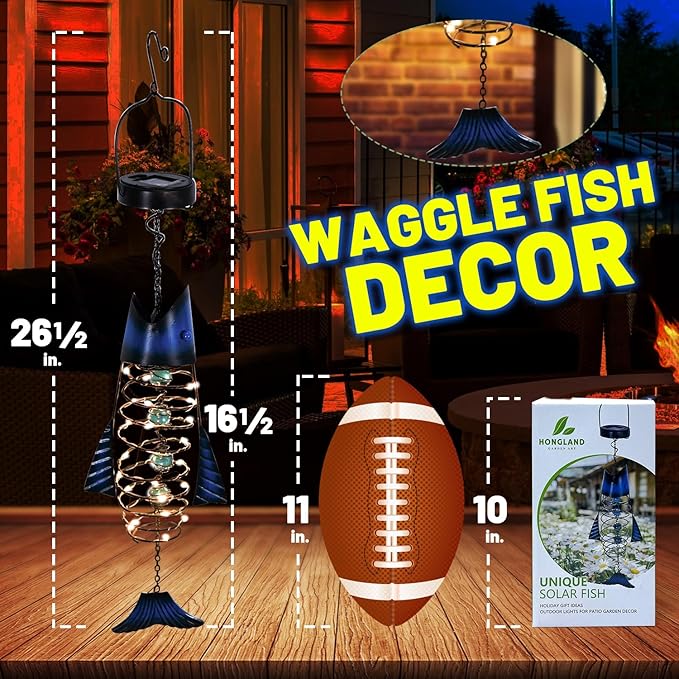 HONGLAND 2 Pack Solar Lantern Outdoor - Metal Fish Hanging Decoration - Waterproof Warm LED Lights Outside - Unique Gifts for Garden Man Women Holiday Days, Birthdays, Attractive Addition to Yard Art