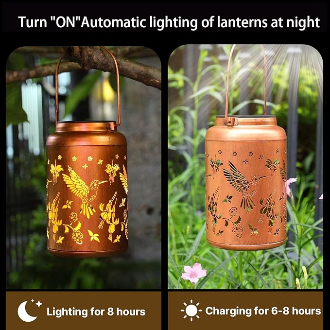 Hummingbird Solar Lanterns Outdoor Waterproof Hanging Solar Lights Metal Decor Lantern LED Light Christmas Decorative for Garden,Patio,Yard,Lawn,Backyard,Front,Porch as Holiday Gifts for Women Mom