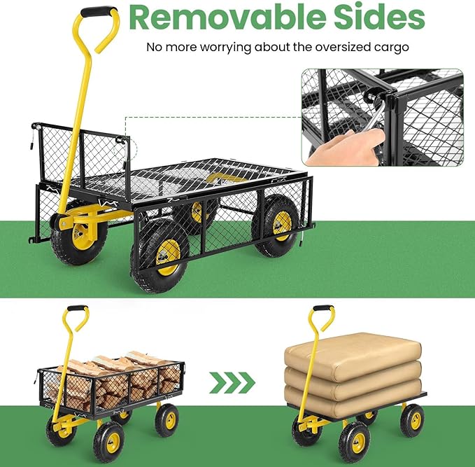 Homdox MAX 880 Lbs Garden Cart, Heavy Duty Foldable Mesh Steel Garden Wagon with 180° Rotating Handle and 10 Inch Tires, Pullable Yard Cart for Yard Garden Beach Farm, Yellow with Bag