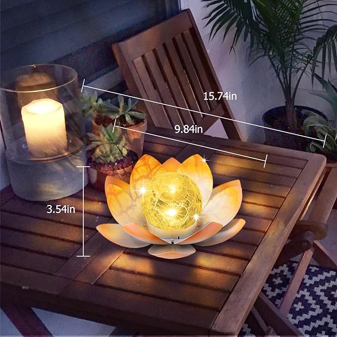 Huaxu Solar Lights Outdoor Garden Decoration Crackle Globe Glass Waterproof LED Metal Peach Lotus Flowers Gift for Mom,Women,Patio,Lawn,Walkway,Tabletop,Ground