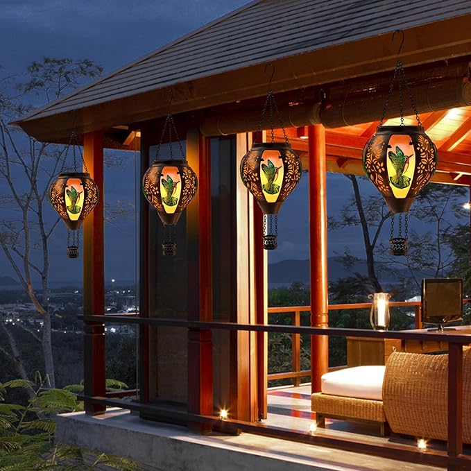 Hot Air Balloon Solar Lantern Outdoor - Flame Hanging Solar Light Waterproof Lanterns for Patio Garden Yard Farmhouse Decor, Great Gift(Hummingbird 2)