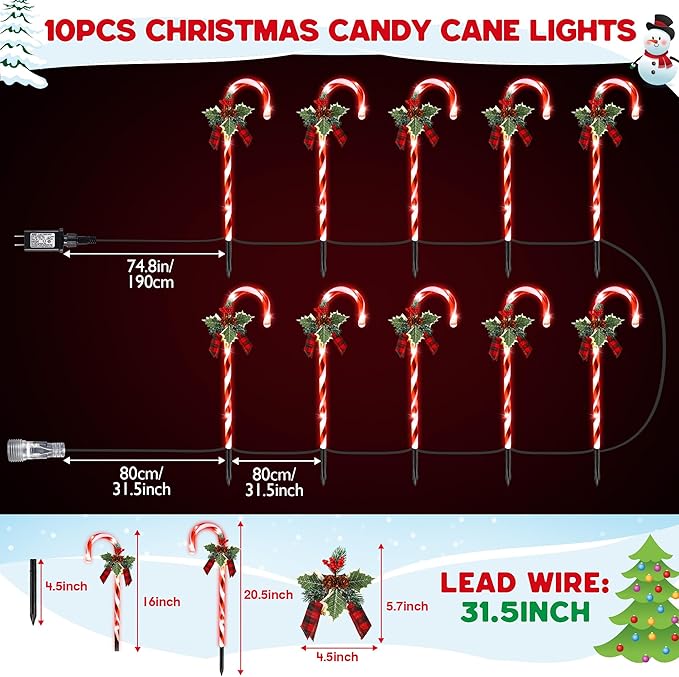 Hiboom Christmas Candy Cane Lights, 10 Pcs 21 Inch Pathway Markers Lights with Stakes, Christmas Driveway Lights End to End Connected for Xmas Holiday Party Walkway Patio Garden Decor (Red and White)