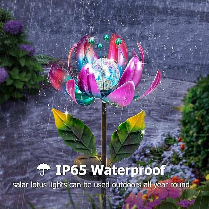 Huaxu Solar Outdoor Lights 35.4In Garden Decor Flower Wind Spinners,Waterproof LED Crackle Glass Globe Purple Lotus Art Metal Stake for Lawn Patio Pathway Yard Porch Driveway Decorations Gift