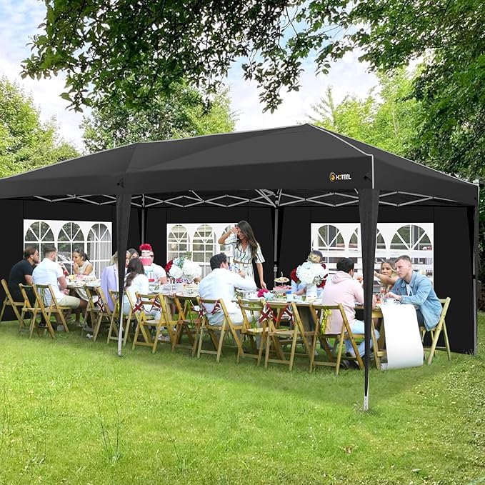 HOTEEL 10x20 Pop up Canopy with 6 Sidewalls, One Push Instant Setup Outdoor Canopy Tent with Reinforce Rod, Weight Bag, for Parties, Events, Black