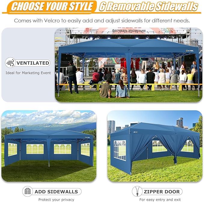 HOTEEL 10x20 Pop up Canopy with 6 Sidewalls, One Push Instant Setup Outdoor Canopy Tent with Reinforce Rod, Weight Bag, for Parties, Events, Blue
