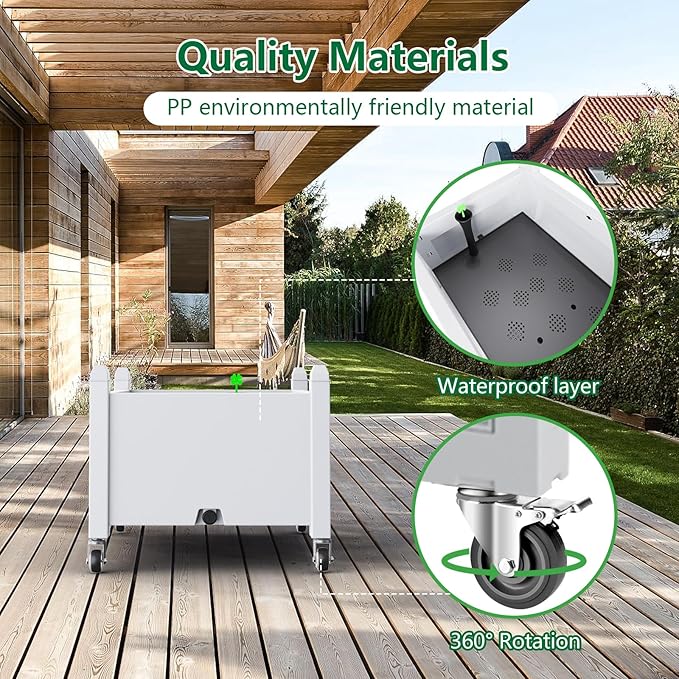 Horticulture Garden Bed with Legs, Divisible Resin Planter Box for Backyard, Patio, Balcony, with 4 Legs, 4 Swivel Lockable Wheels(Ashen,30.04 * 17.72 * 17.56)