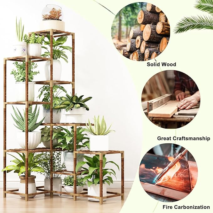 HOMKIRT Corner Plant Stand with Grow Lights, 14 Tier Tall Plant Shelf Indoor Outdoor for Multiple Plants, Wood Plant Ladder Rack Holder Display Flower Stand for Patio Porch Garden Living Room