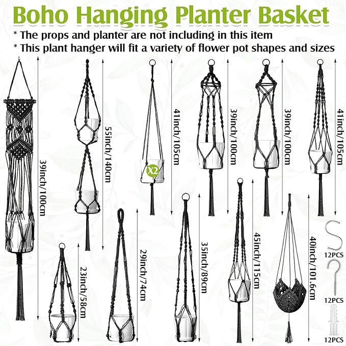 Hoteam 12 Pcs Macrame Plant Hangers Macrame Hanging Planters for Indoor Plants Handmade Boho Hanging Baskets Flower Pots Holder for Outdoor Home Wall Decor