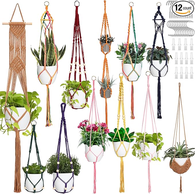 Hoteam 12 Pcs Macrame Plant Hangers Macrame Hanging Planters for Indoor Plants Handmade Boho Hanging Baskets Flower Pots Holder for Outdoor Home Wall Decor