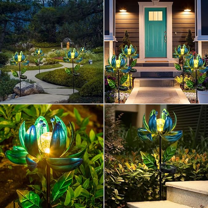 Huaxu Solar Outdoor Lights 35.4In Garden Decor Flower Wind Spinners,Waterproof LED Crackle Glass Globe Blue Lotus Art Metal Stake for Lawn Patio Pathway Yard Porch Driveway Decorations Gift