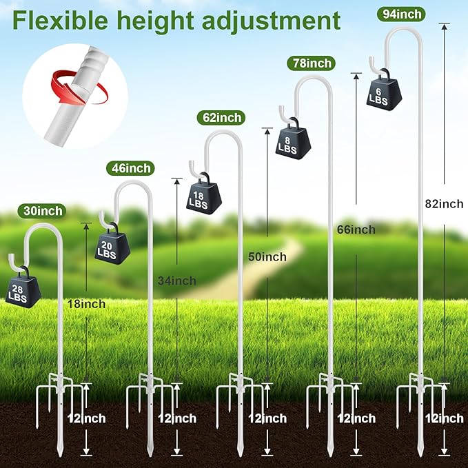 Hummingbird Feeder Pole for Outdoors - Heavy Duty Bird Feeder Stand with Adjustable Stake,62" Rustproof Shepards Poles with Hangers Holder for Birdfeeder,Wind Chimes,Lanterns,Wreaths,White