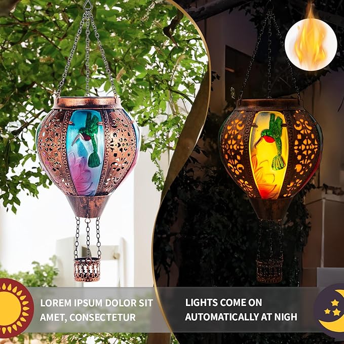 Hot Air Balloon Solar Lantern Hummingbird Lights, Flickering Flame Solar Hanging Lights for Outside,Waterproof for Garden Yard Patio Porch Decoration(Hummingbird)