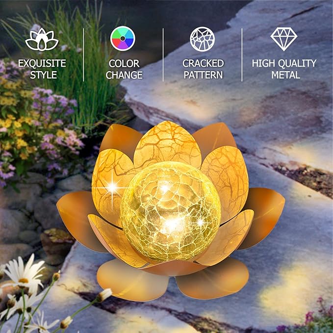 Huaxu Solar Lights Outdoor Garden Decoration Crackle Globe Glass Waterproof LED Metal Peach Lotus Flowers Gift for Mom,Women,Patio,Lawn,Walkway,Tabletop,Ground