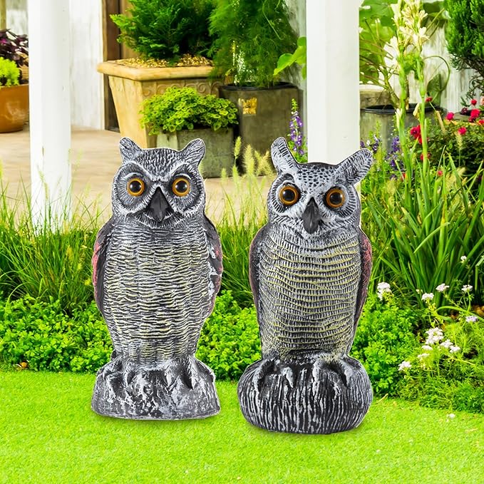 Hedoc 2 Pack Fake Owl Decoys to Scare Birds Away from Gardens and Rooftop, Long-Eared Owl Bird Deterrents, Nature Scarecrow Plastic Owls Pest Repellent, Owl Statue for Garden Decor, Yard Decoration