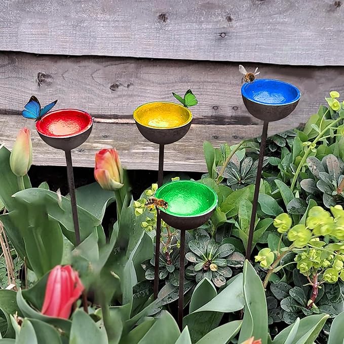 HLMOptimo 2 Packs/4 Packs Bee Watering Stations, Bee Cups for Garden, Bee Butterfly Water Station Bee Waterer, Metal Garden Stakes for Outdoor Garden Courtyard Decor (Yellow Blue Red and Green)