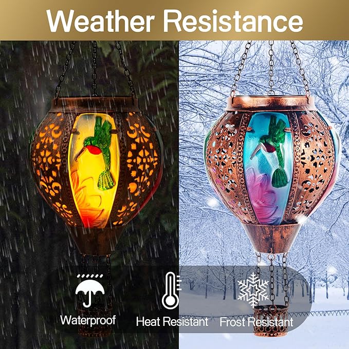 Hot Air Balloon Solar Lantern Hummingbird Lights, Flickering Flame Solar Hanging Lights for Outside,Waterproof for Garden Yard Patio Porch Decoration(Hummingbird)