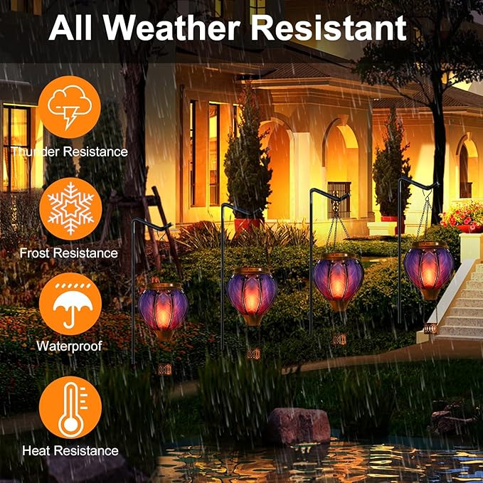 Hot Air Balloon Solar Lantern with Flickering Flame Hanging Solar Lights Outdoor Waterproof Lanterns for Garden Patio Yard Party Decoration Blue&Pink