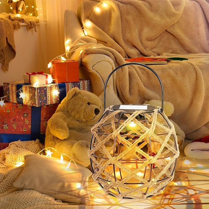 HPC Decor 2 PK Solar Lanterns-Outdoor Waterproof, Hemp Rope, Hanging Outdoor, Round Lamp Boho Decor for Garden, Yard, Patio, Porch, Pathway.