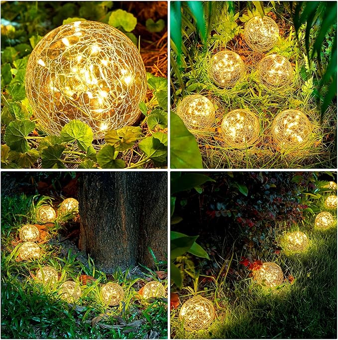 Honoson 3.9 Inch Solar Globe Lights Outdoor Waterproof, Solar Balls for Garden Cracked Glass Ball, Ground Landscape Garden Decor for Patio and Yard Lawn Backyard (4 Pieces)